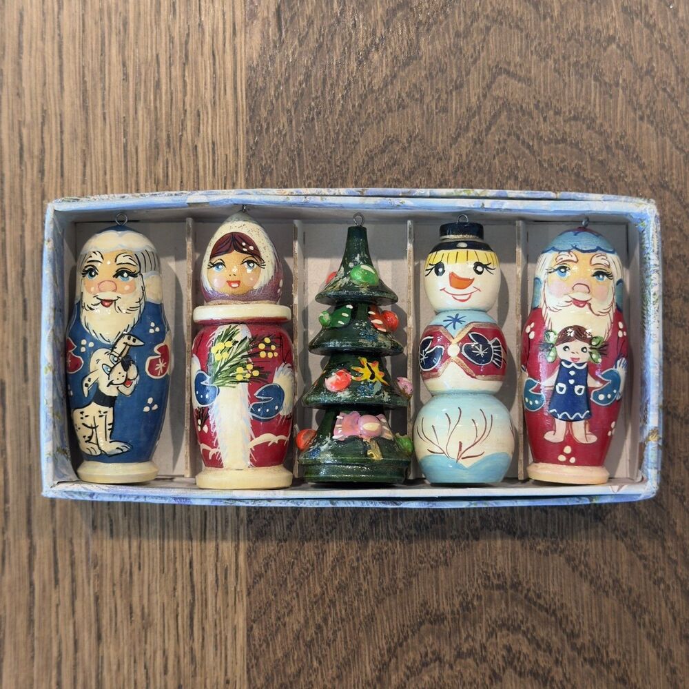 Vintage 5pc Russian Folk Art Hand Painted Wood Christmas Ornaments Box Set